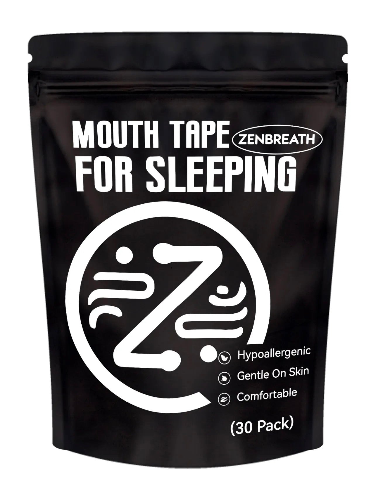 Packaging of ZenBreath Mouth Tape for Sleeping, indicating it is hypoallergenic and comfortable with a 30 pack quantity.